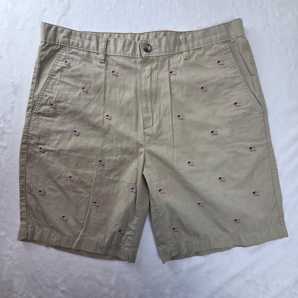 Eddie Bauer Mens 34 Khaki American Flag Embroidered Chino Shorts‎ 1095-68